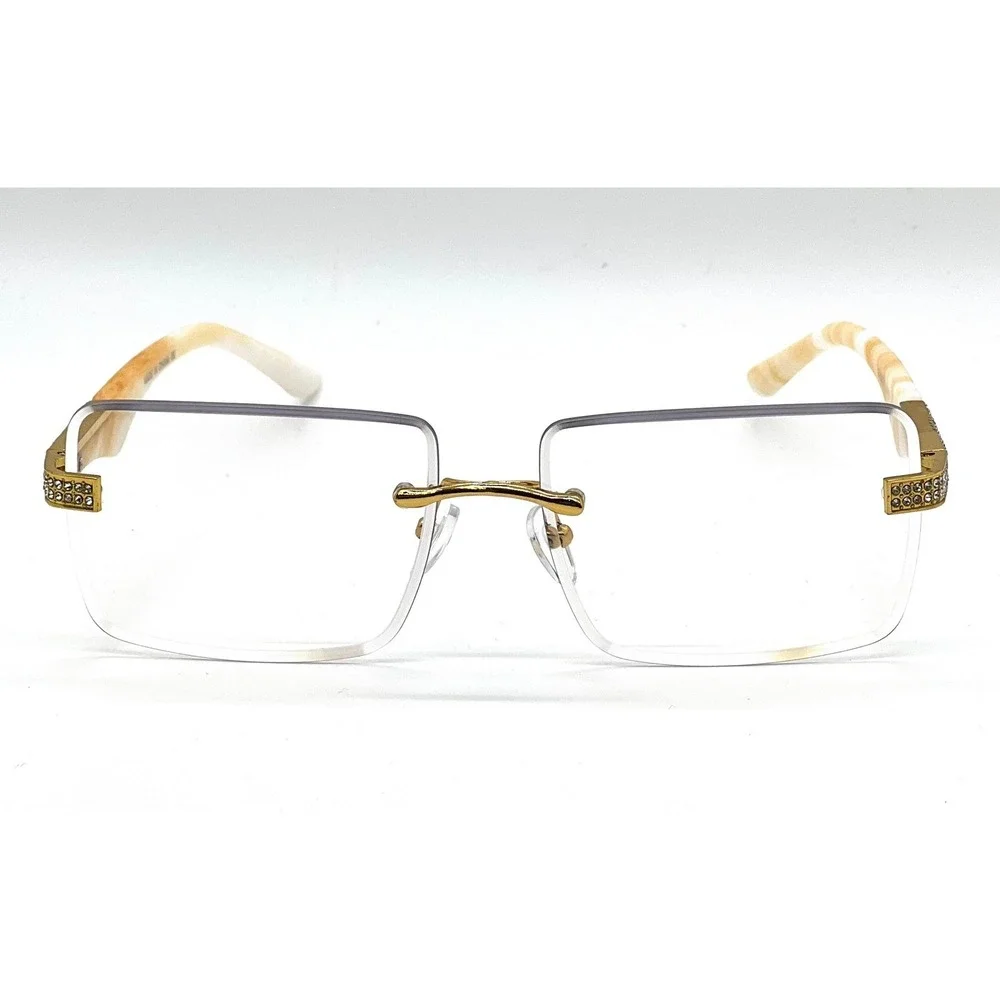 Men Fashion Rimless‎ Sunglasses Rectangle Clear Lens Gold Accent Eyewear Hip Hop